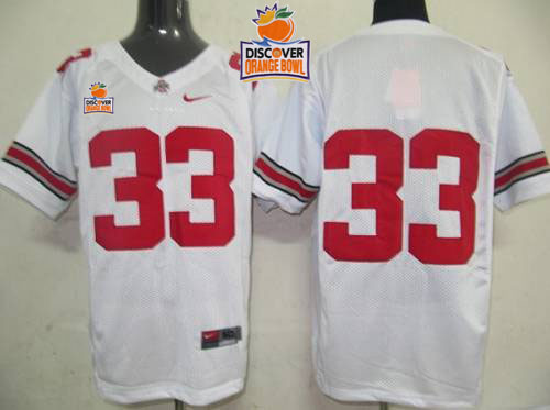 Buckeyes #33 White 2014 Discover Orange Bowl Patch Stitched NCAA Jersey
