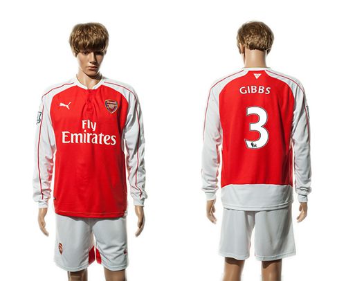 Arsenal #3 Gibbs Red Home Long Sleeves Soccer Club Jersey