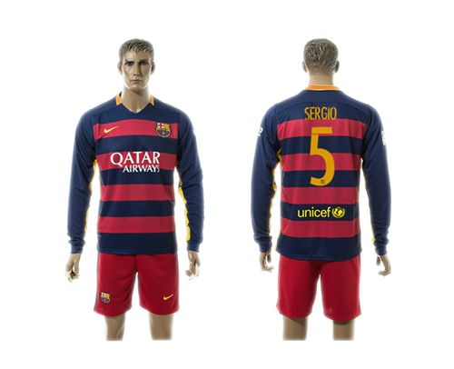 Barcelona #5 Sergio Home Long Sleeves Soccer Club Jersey