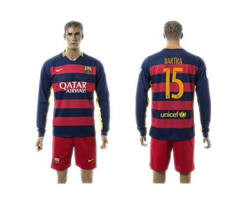 Barcelona #15 Bartra Home Long Sleeves Soccer Club Jersey