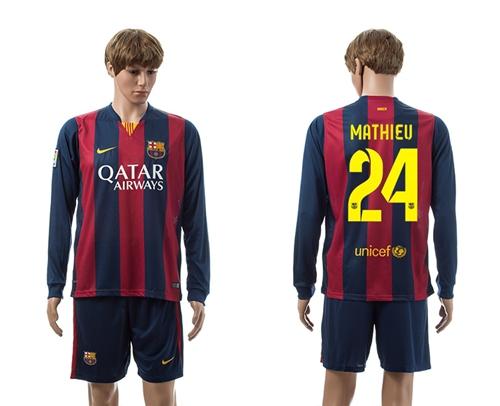 Barcelona #24 Mathieu Home Long Sleeves Soccer Club Jersey