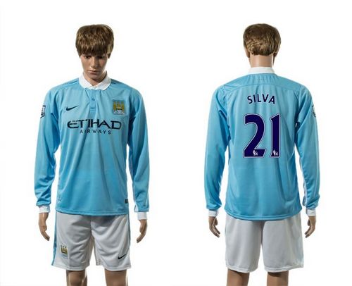 Manchester City #21 Silva Home Long Sleeves Soccer Club Jersey