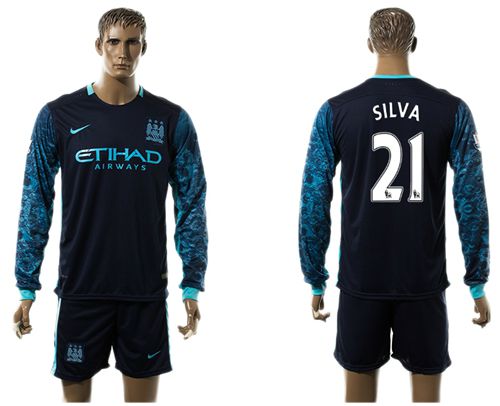 Manchester City #21 Silva Away Long Sleeves Soccer Club Jersey