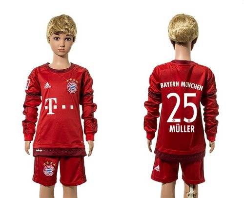 Bayern Munchen #25 Muller Home Long Sleeves Kid Soccer Club Jersey