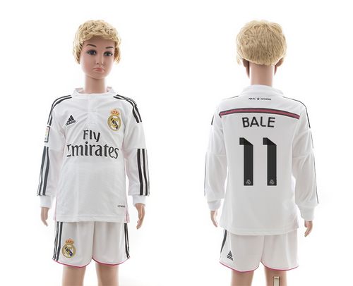 Real Madrid #11 Bale White Home Long Sleeves Kid Soccer Club Jersey