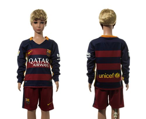 Barcelona Blank Home Long Sleeves Kid Soccer Club Jersey