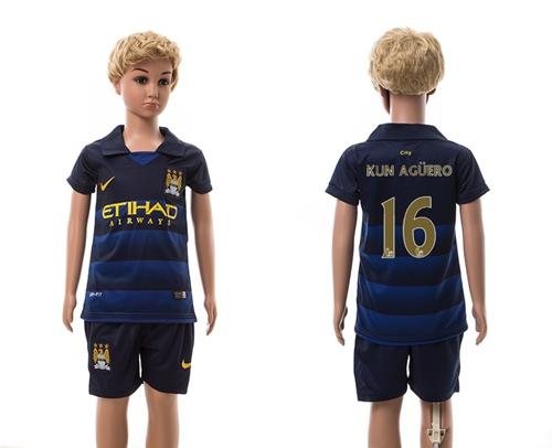 Manchester City #16 Kun Aguero Away Kid Soccer Club Jersey