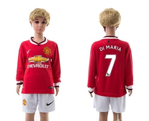 Manchester United #7 Di Maria Red Home Long Sleeves Kid Soccer Club Jersey