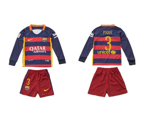 Barcelona #3 Pique Home Long Sleeves Kid Soccer Club Jersey