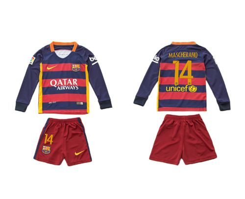 Barcelona #14 Mascherano Home Long Sleeves Kid Soccer Club Jersey