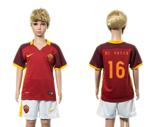 Roma #16 De Rossi Home Kid Soccer Club Jersey