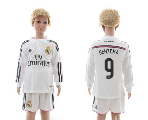 Real Madrid #9 Benzema Whtie Home Long Sleeves Kid Soccer Club Jersey
