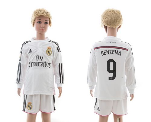 Real Madrid #9 Benzema Whtie Home Long Sleeves Kid Soccer Club Jersey