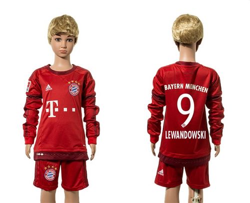 Bayern Munchen #9 Lewandowski Home Long Sleeves Kid Soccer Club Jersey