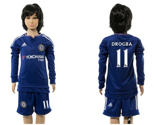 Chelsea #11 Drogba Blue Home Long Sleeves Kid Soccer Club Jersey