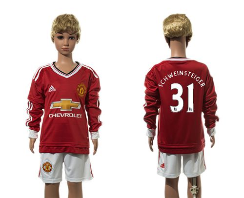 Manchester United #31 Schweinsteiger Home Long Sleeves Kid Soccer Club Jersey