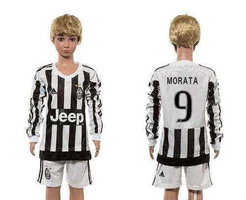Juventus #9 Morata Home Long Sleeves Kid Soccer Club Jersey