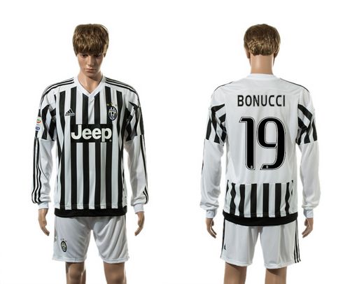 Juventus #19 Bonucci Home Long Sleeves Soccer Club Jersey