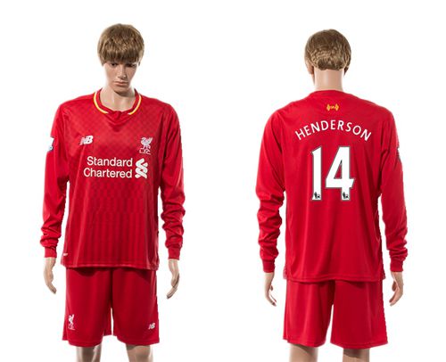 Liverpool #14 Henderson Red Home Long Sleeves Soccer Club Jersey