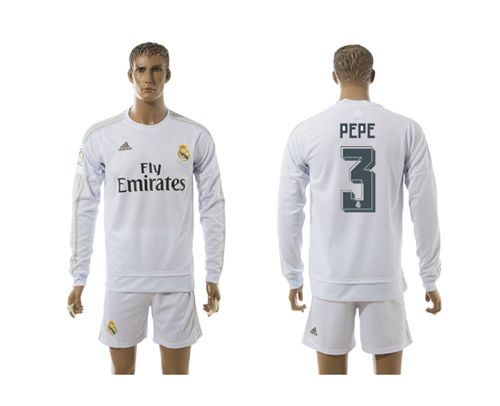 Real Madrid #3 Pepe White Home Long Sleeves Soccer Club Jersey