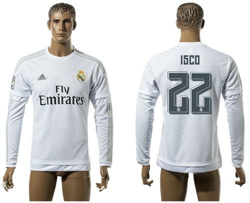 Real Madrid #22 Isco White Home Long Sleeves Soccer Club Jersey