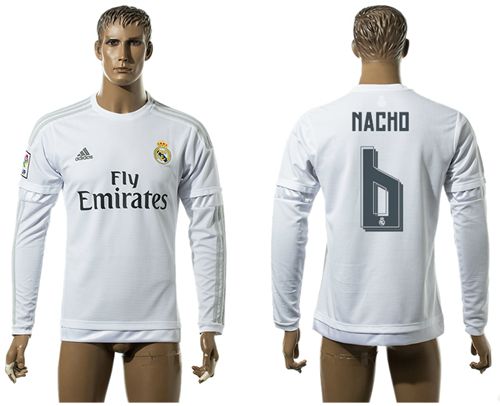 Real Madrid #6 Nacho White Home Long Sleeves Soccer Club Jersey