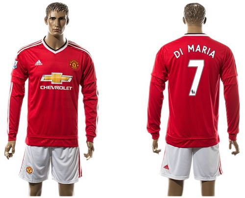 Manchester United #7 Di Maria Red Home Long Sleeves Soccer Club Jersey
