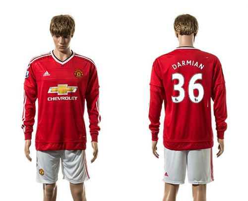 Manchester United #36 Darmian Red Home Long Sleeves Soccer Club Jersey