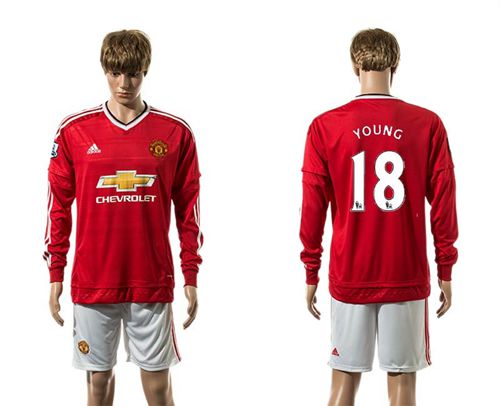 Manchester United #18 Young Red Home Long Sleeves Soccer Club Jersey