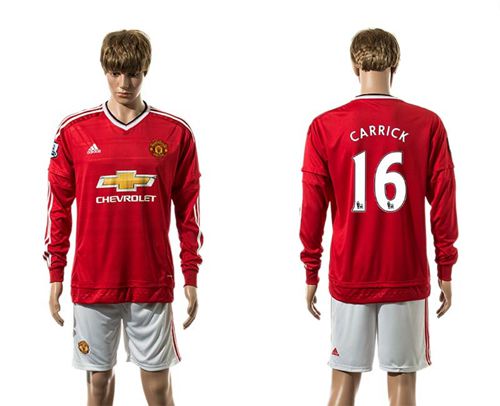 Manchester United #16 Carrick Red Home Long Sleeves Soccer Club Jersey