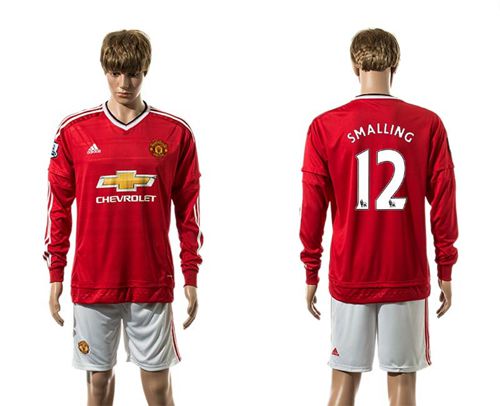 Manchester United #12 Smalling Red Home Long Sleeves Soccer Club Jersey