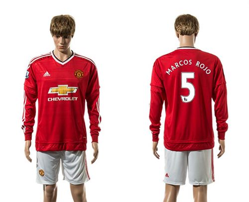 Manchester United #5 Marcos Rojo Red Home Long Sleeves Soccer Club Jersey