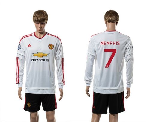 Manchester United #7 Memphis UEFA Champions White Away Long Sleeves Soccer Club Jersey