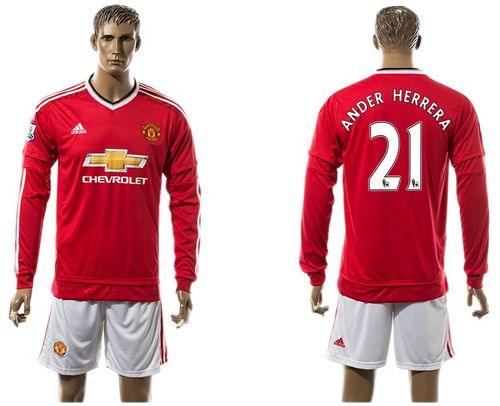 Manchester United #21 Ander Herrera Red Home Long Sleeves Soccer Club Jersey