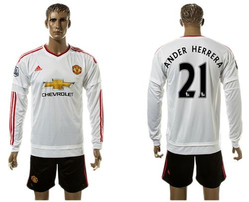 Manchester United #21 Ander Herrera White Away Long Sleeves Soccer Club Jersey