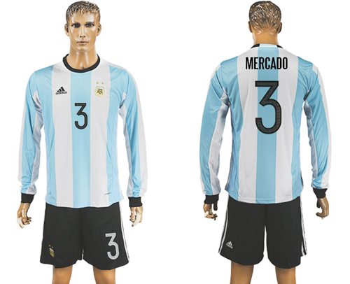 Argentina #3 Mercado Home Long Sleeves Soccer Country Jersey