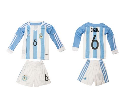 Argentina #6 Biglia Home Long Sleeves Kid Soccer Country Jersey