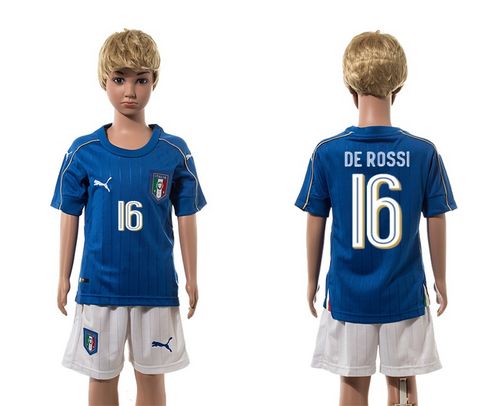 Italy #16 De Rossi Blue Home Kid Soccer Country Jersey