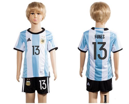 Argentina #13 Funes Home Kid Soccer Country Jersey