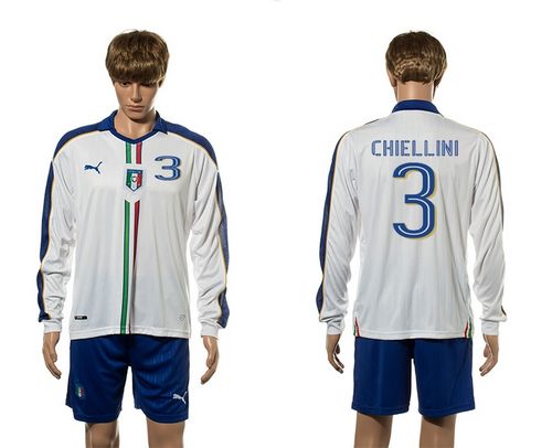 Italy #3 Chiellini White Away Long Sleeves Soccer Country Jersey