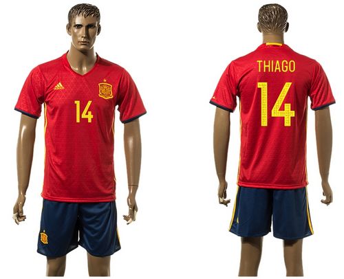 Spain #14 Thiago Red Home(Dark Blue Shorts) Soccer Country Jersey