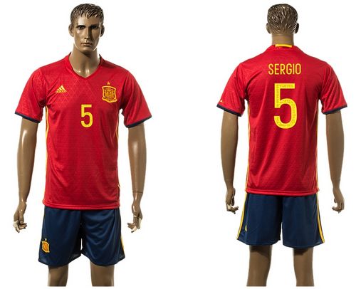 Spain #5 Sergio Red Home(Dark Blue Shorts) Soccer Country Jersey