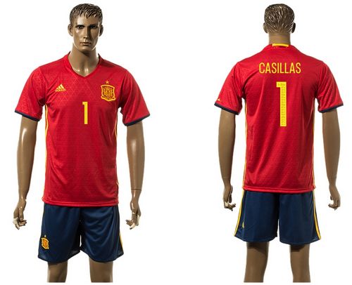 Spain #1 Casillas Red Home(Dark Blue Shorts) Soccer Country Jersey