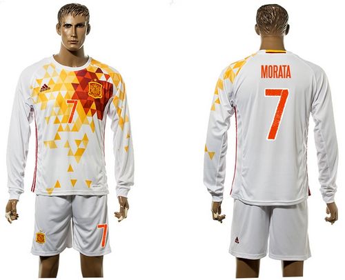 Spain #7 Morata White Away Long Sleeves Soccer Country Jersey