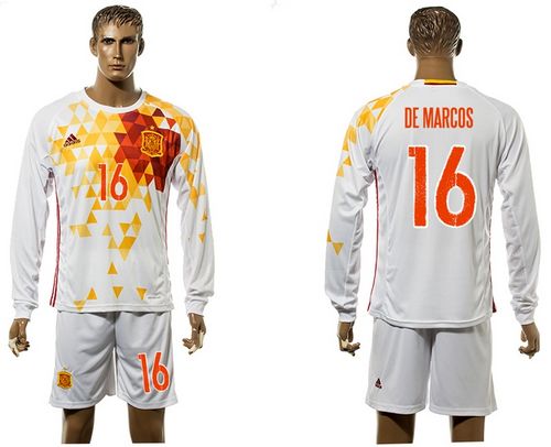 Spain #16 De Marcos White Away Long Sleeves Soccer Country Jersey