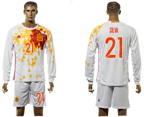 Spain #21 Silva White Away Long Sleeves Soccer Country Jersey