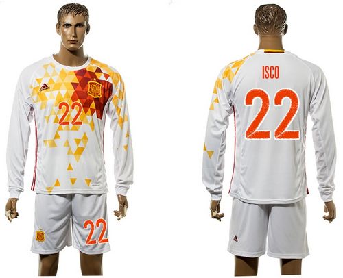 Spain #22 Isco White Away Long Sleeves Soccer Country Jersey