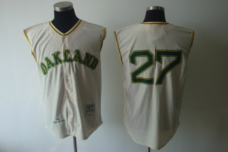 Mitchell And Ness 1968 Athletics #27 Catfish Hunter Cream Cool Base Stitched MLB Jersey