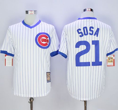 Cubs #21 Sammy Sosa White Strip Home Cooperstown Stitched MLB Jersey