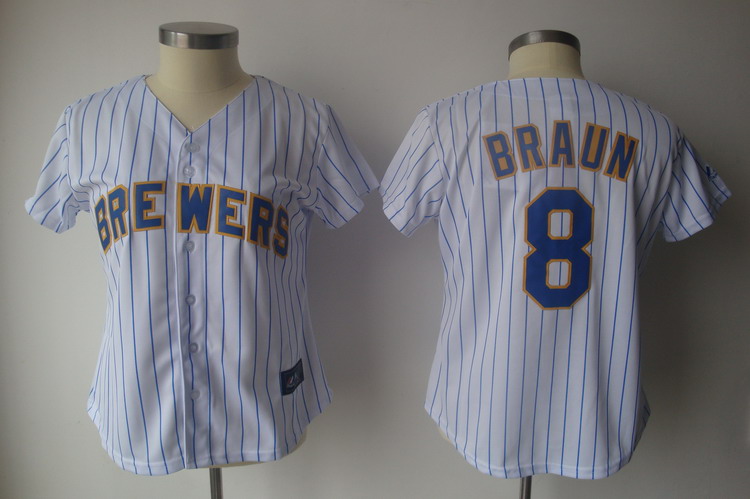 Brewers #8 Ryan Braun White With Blue Strip Lady Fashion Stitched MLB Jersey